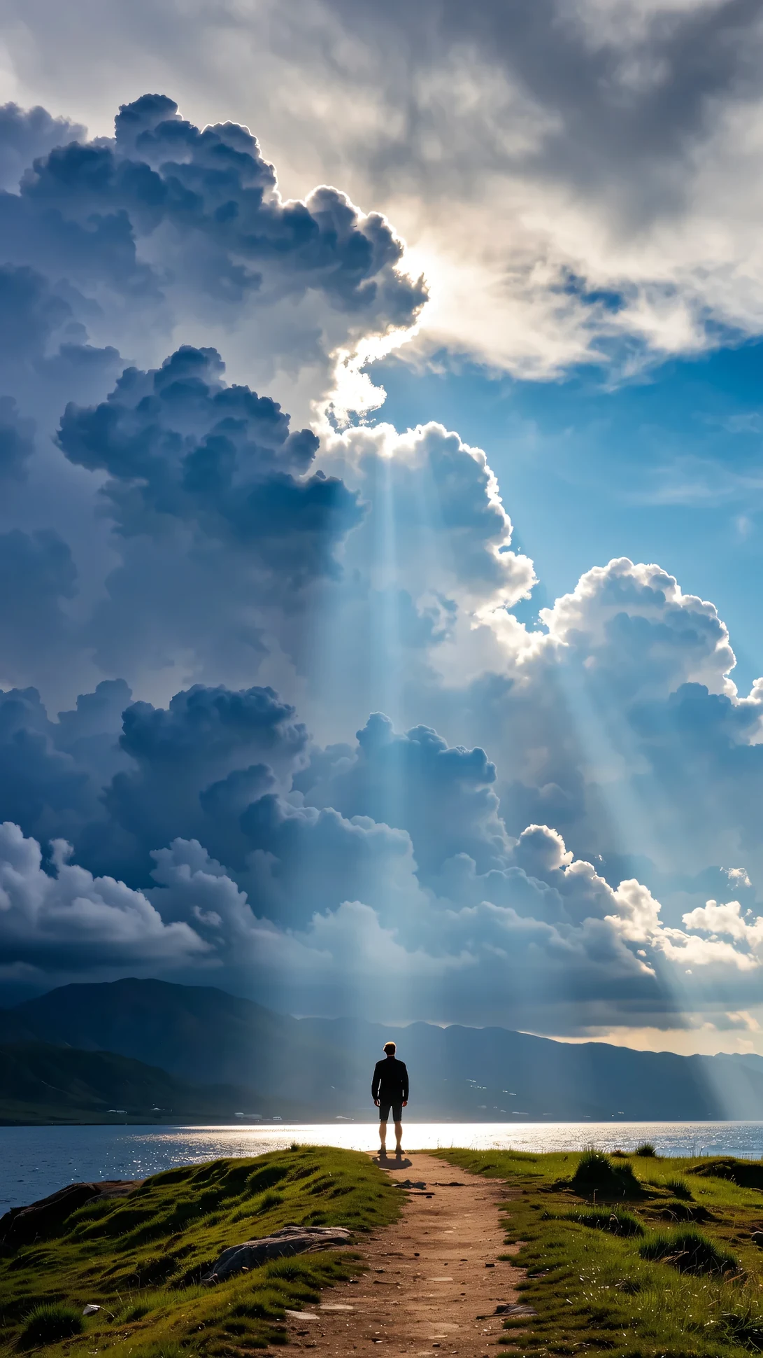 A person standing beneath enormous sunlit clouds