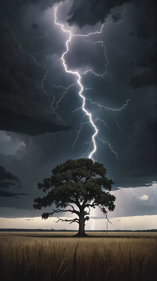 Lightning breaking over a lone tree beneath storm clouds