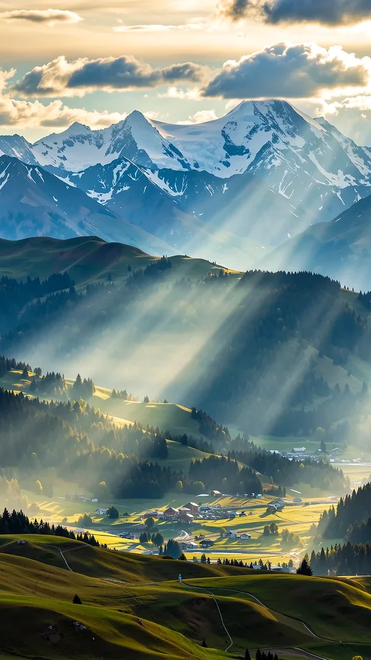 Golden sunbeams falling across an alpine mountain valley